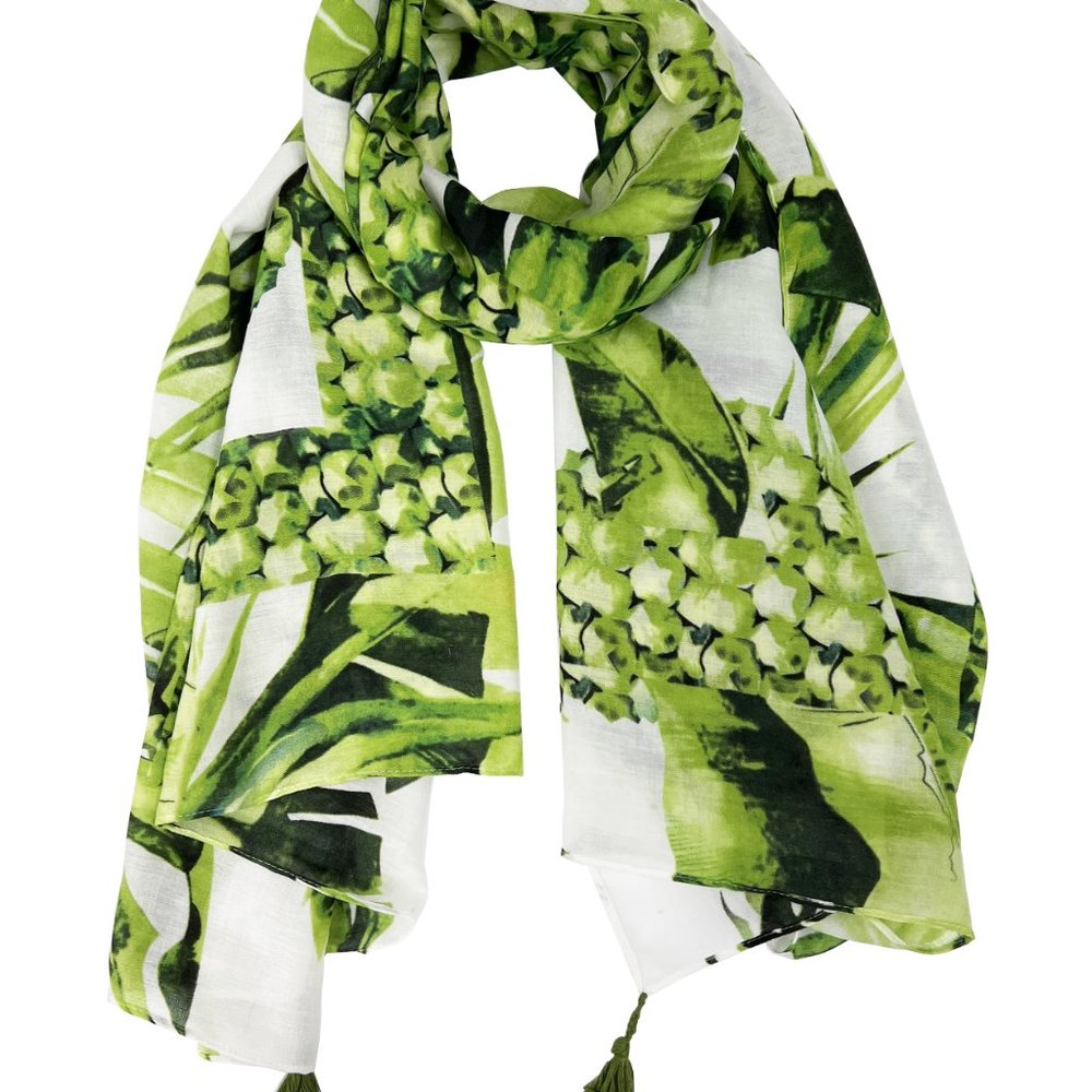 Tropical Print Green Sof Fashion Wrap Scarf with Tassels